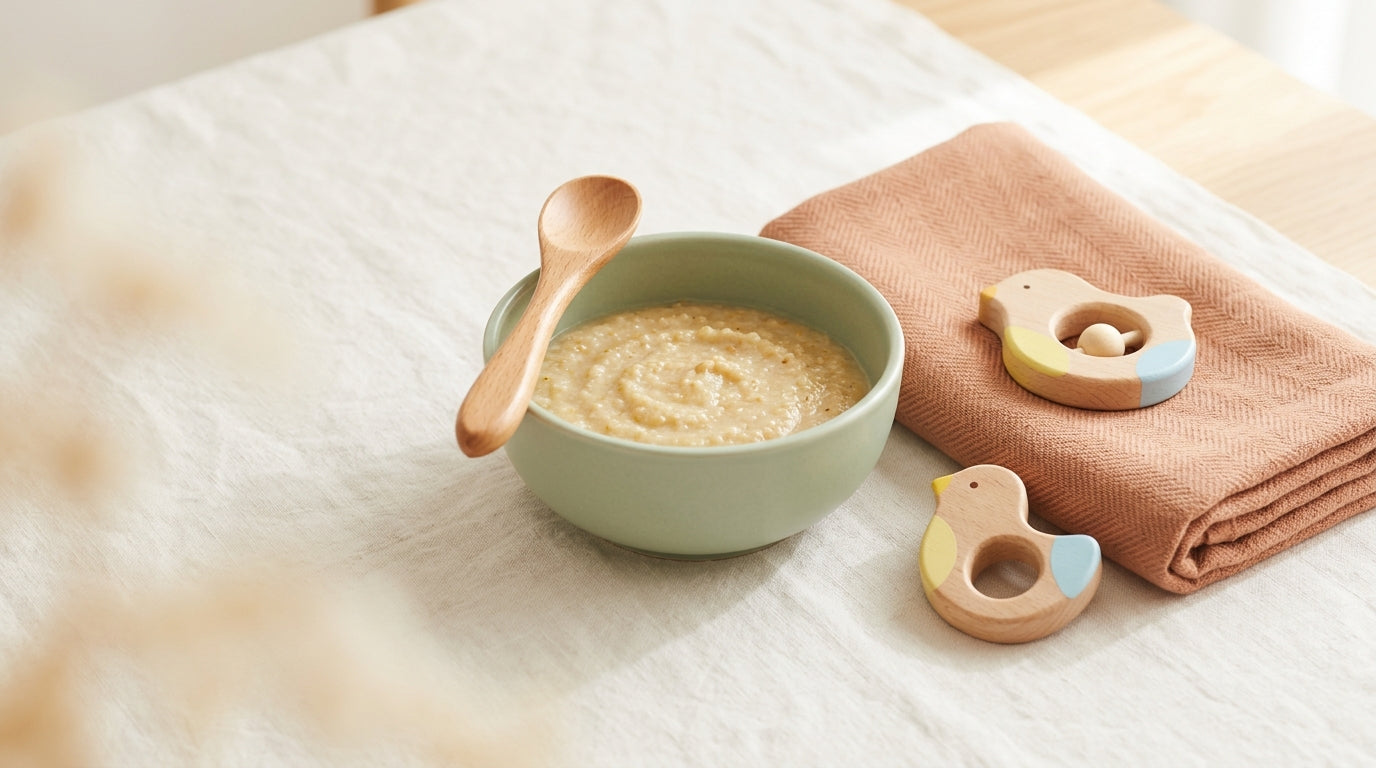 A tired mom holding a baby in a messy kitchen holding a coffee mug