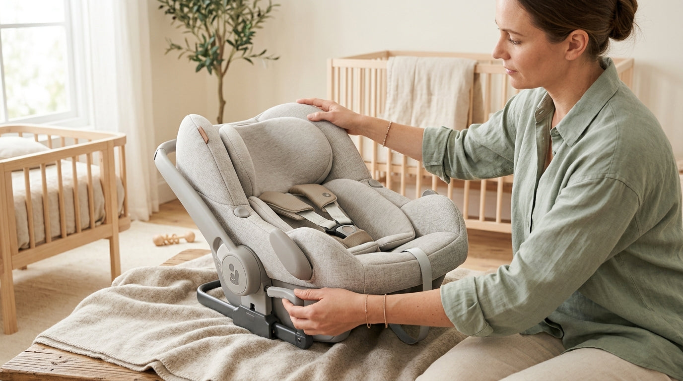A dad adjusting the harness of a rear-facing infant car seat in a car.