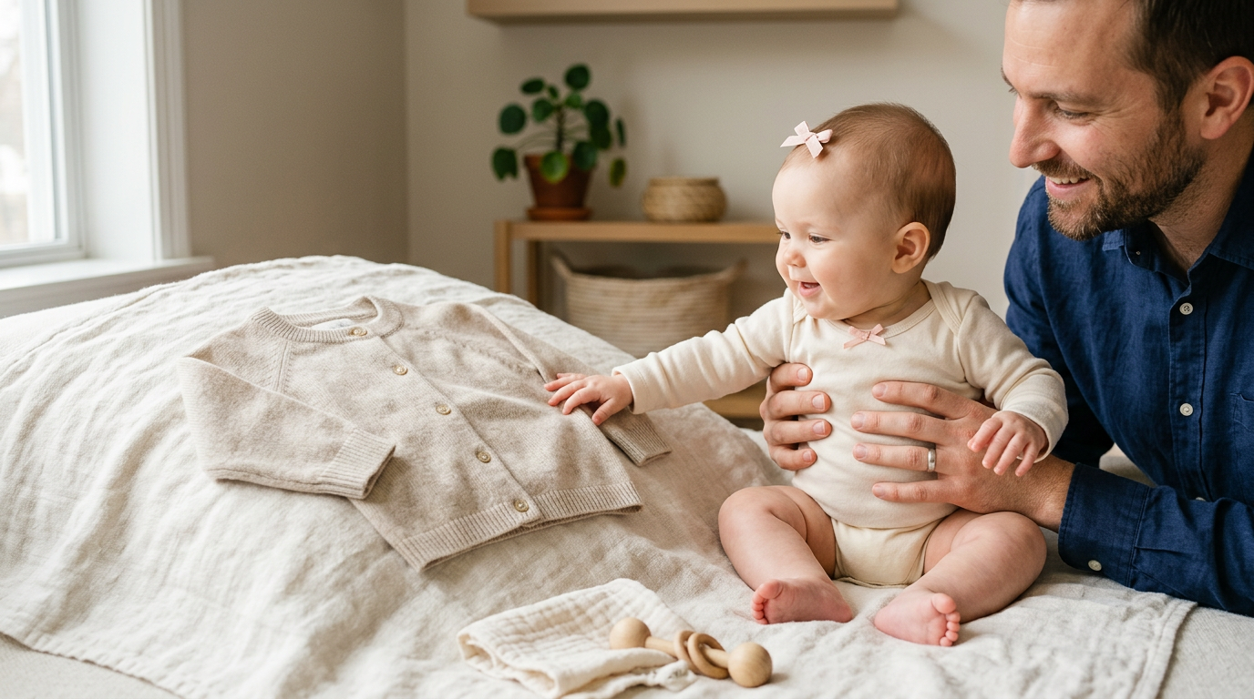 Dad holding baby wearing a soft neutral cashmere sweater