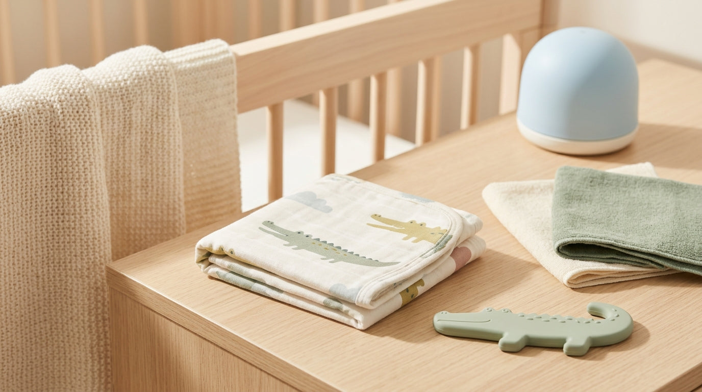 Exhausted mom holding a crying congested newborn baby in a dark nursery