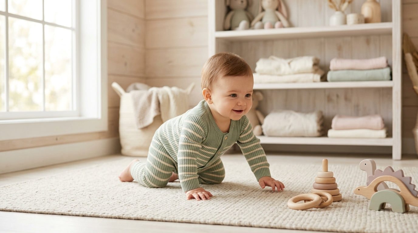 Dad tracking baby milestones on a laptop while an 11-month-old sits happily on a wooden floor.