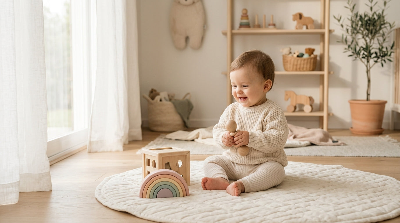 A baby in ribbed cotton pants trying to pull up on a wooden coffee table