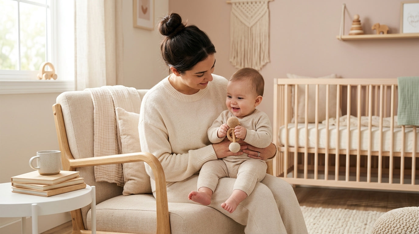 Mother looking stressed while holding her infant on a digital bathroom scale