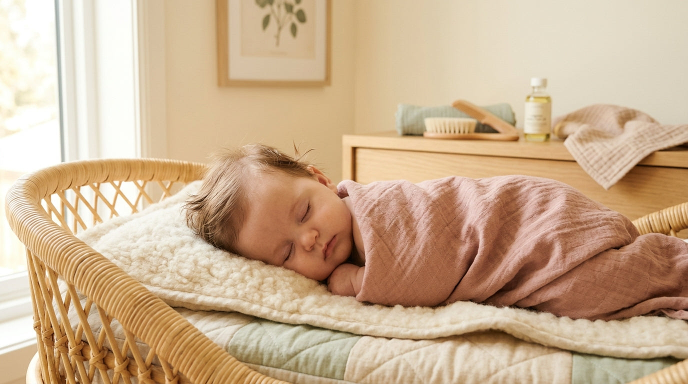 Baby with a patchy friction bald spot sitting in a high chair.