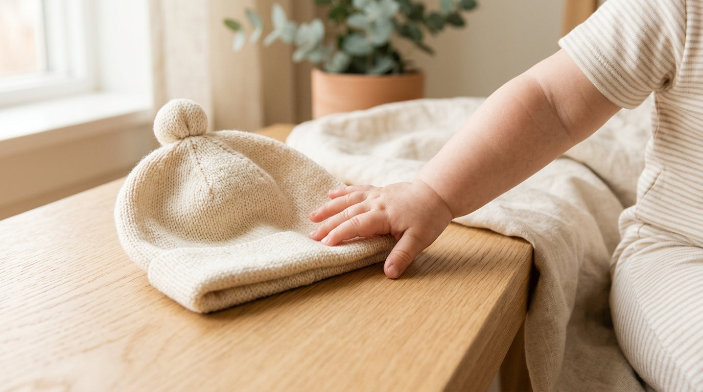 A dad looking defeated while holding two tiny winter beanies
