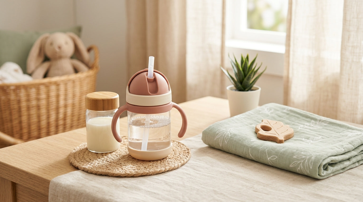 Confused dad holding a bottle of baby water next to twins