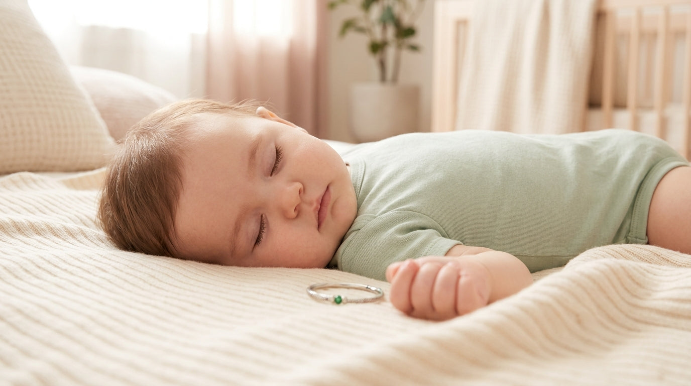 Marcus looking stressed holding a tiny gold baby bracelet next to a sleeping infant