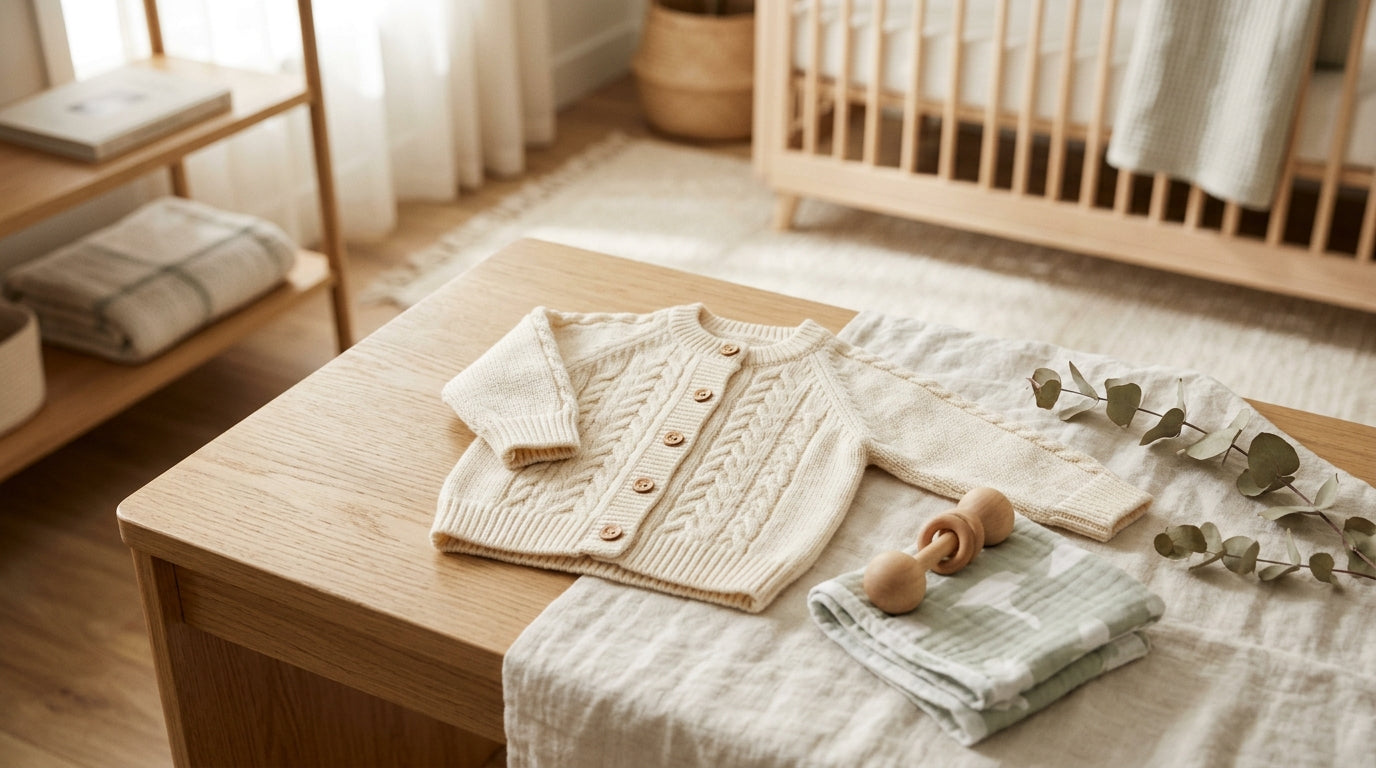 A stressed dad trying to pull a tiny infant knit sweater over a baby's large head