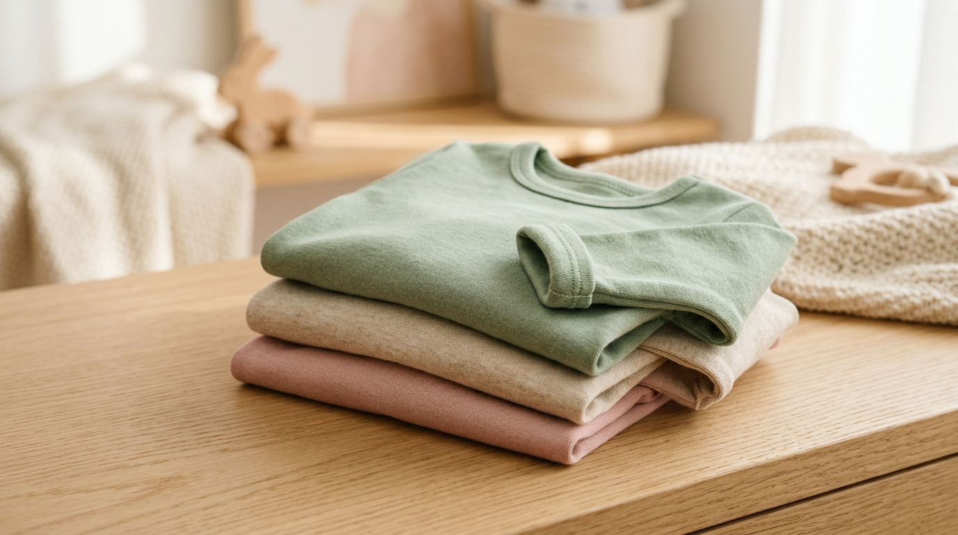 Baby wearing a long sleeve organic cotton bodysuit crawling on a living room rug