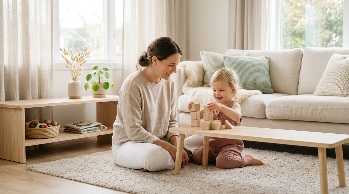 Mother wearing wireless headphones while baby plays on a wooden gym.