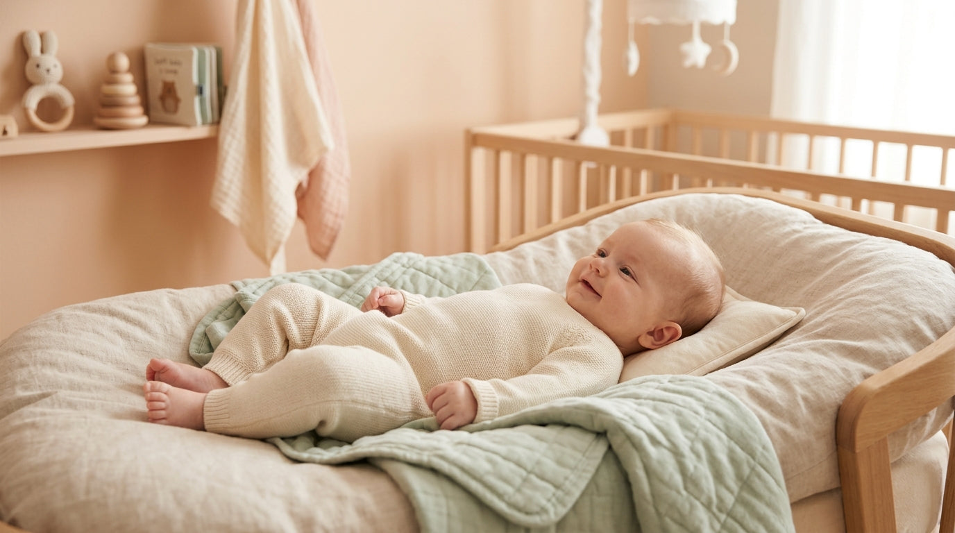 Baby doing tummy time on a playmat looking at a wooden toy