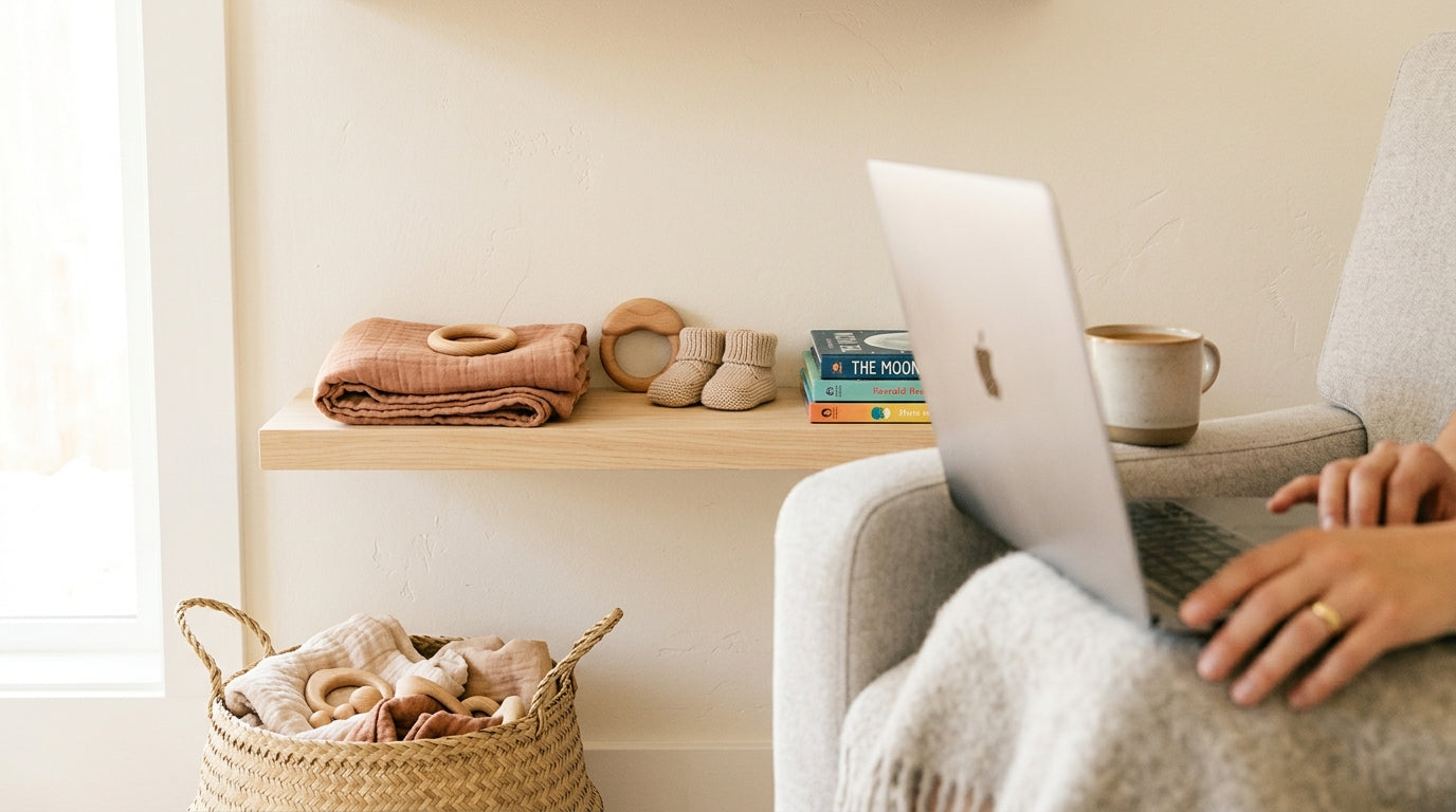A tired dad holding a sleeping infant while looking frantically at his smartphone.