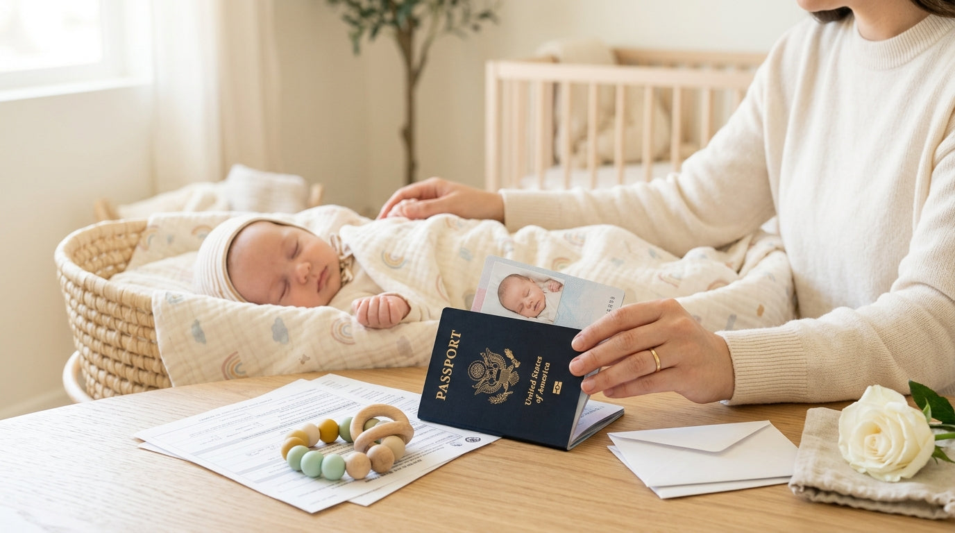 Mother adjusting infant in car seat with white blanket for passport photo
