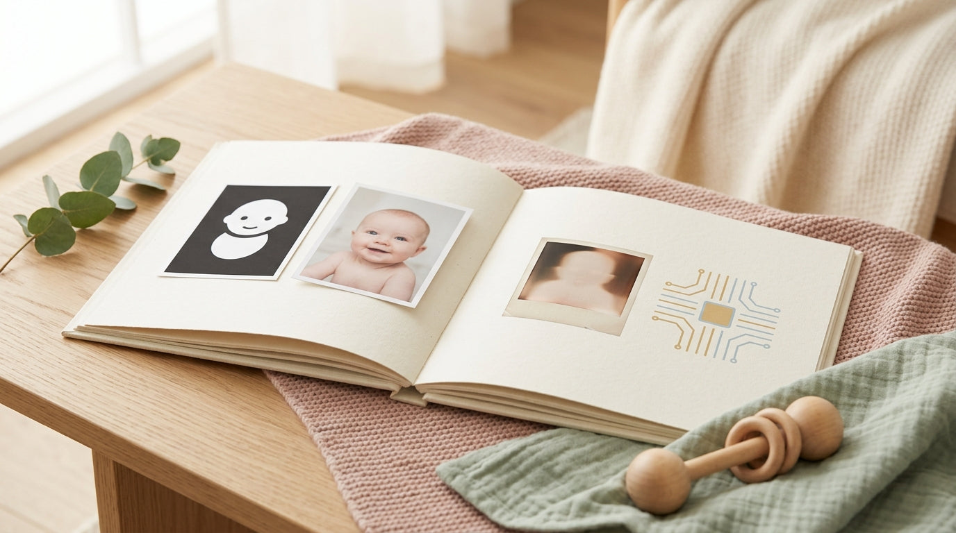 Baby lying on a neutral blanket staring at a black and white contrast card.