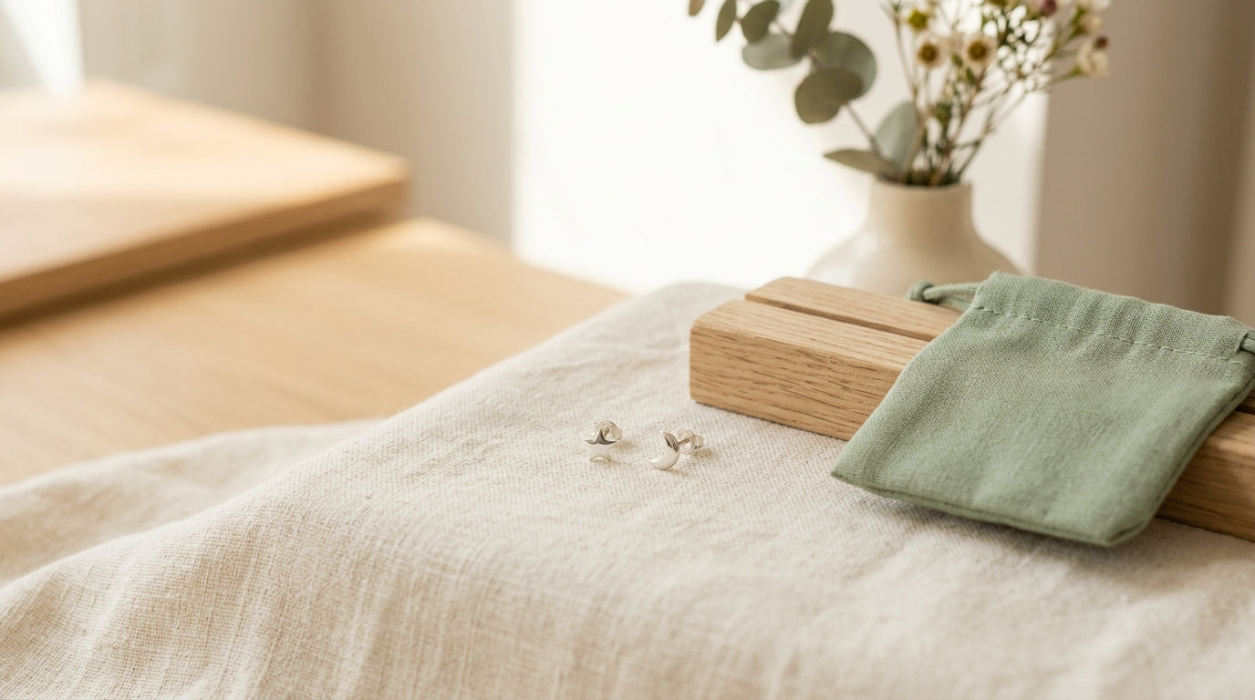 Twin babies in a double buggy wearing safe baby earrings