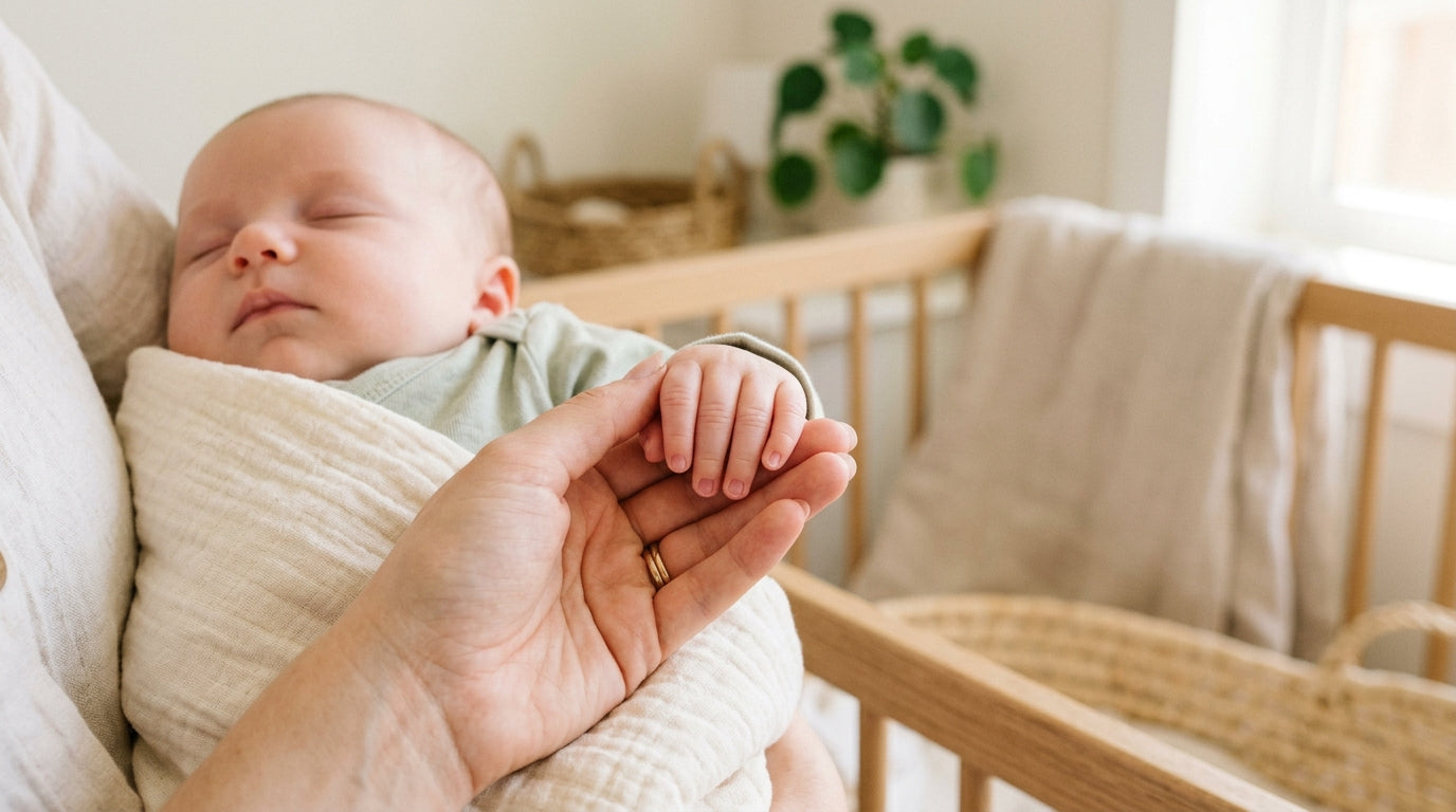 Mom holding her newborn baby's tiny hand to check for healthy pink nail beds