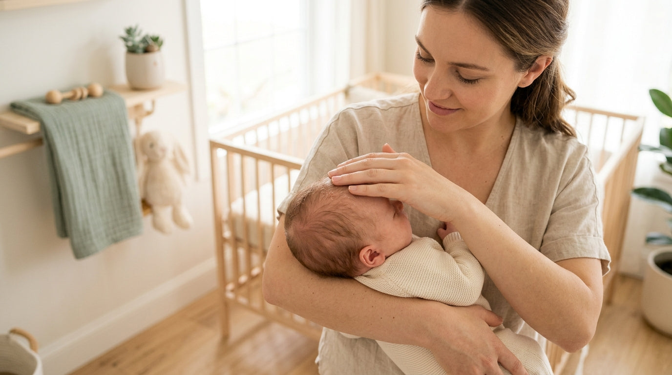 A stressed mom holding a coffee cup while looking closely at her sleeping infant's flaky scalp.