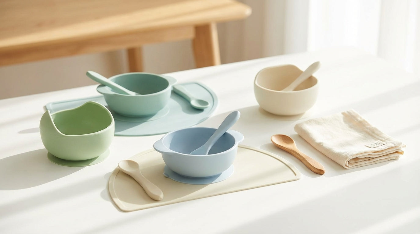 Mint green infant silicone squirrel teether on a wooden table next to a pacifier clip.