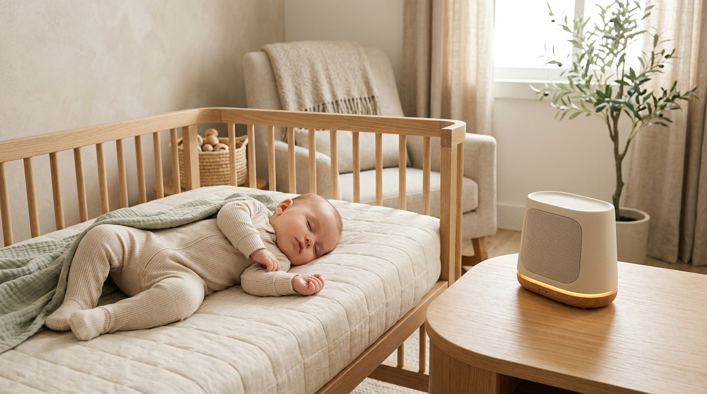Dad measuring sound machine volume next to baby crib
