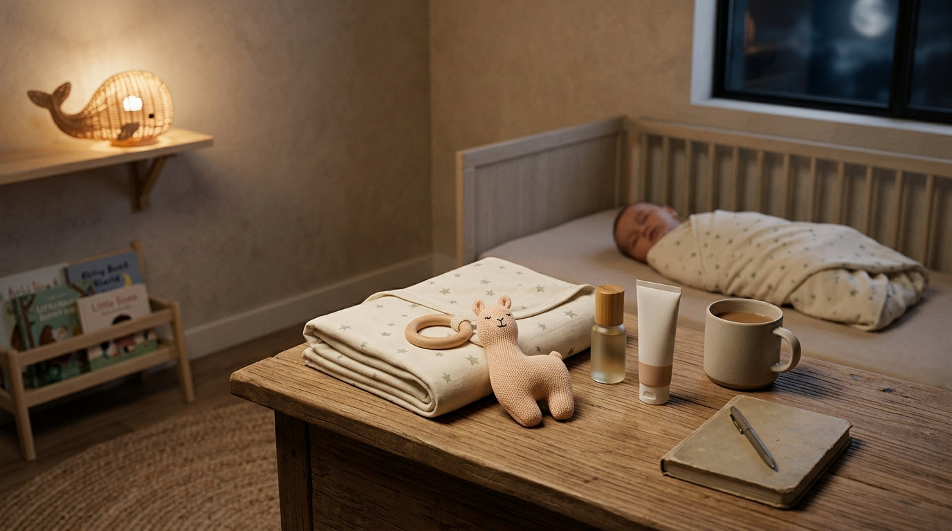 Tired mother staring at a baby monitor in a dark room
