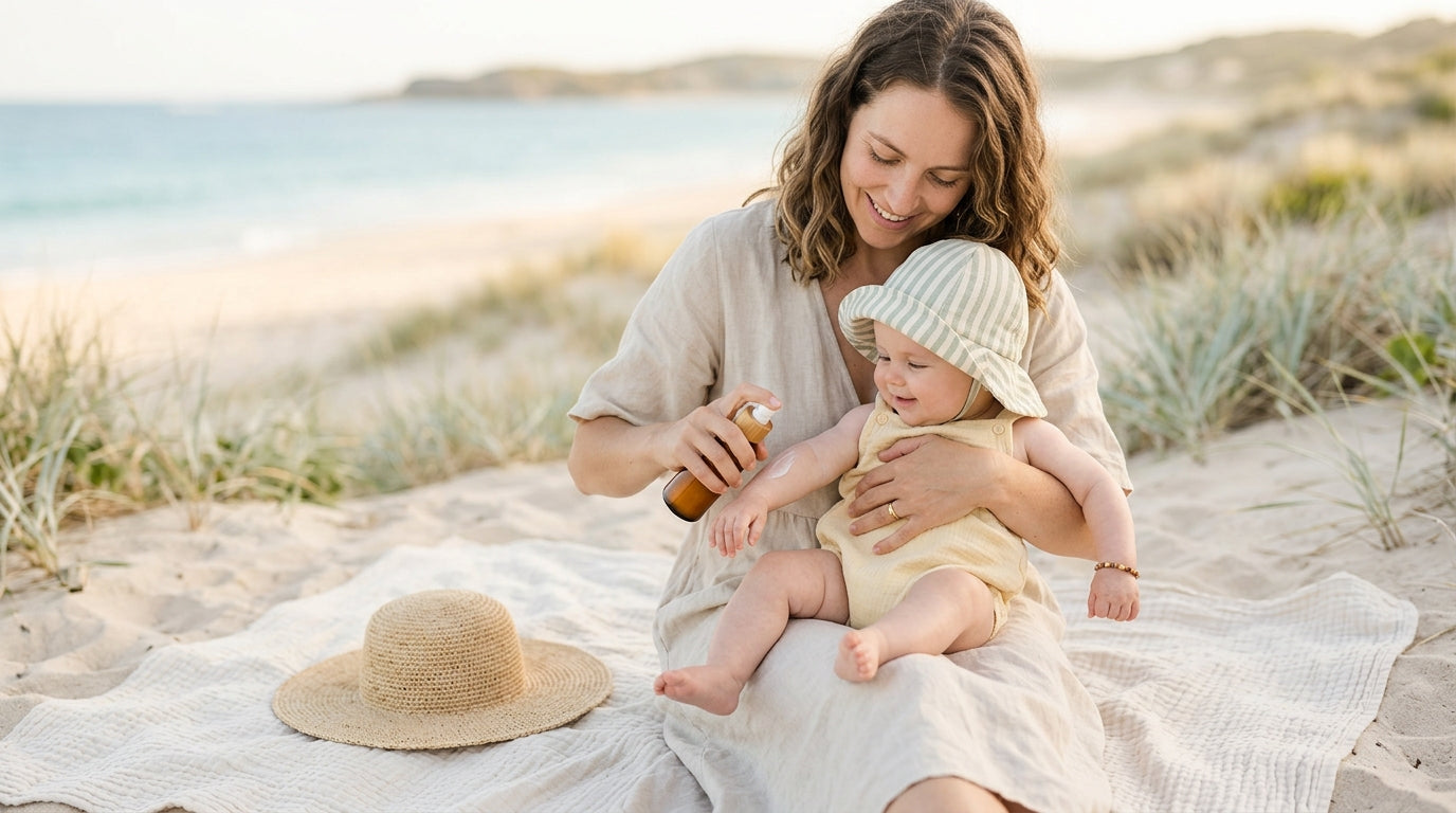Sarah holding baby Maya at the beach trying to figure out infant SPF rules