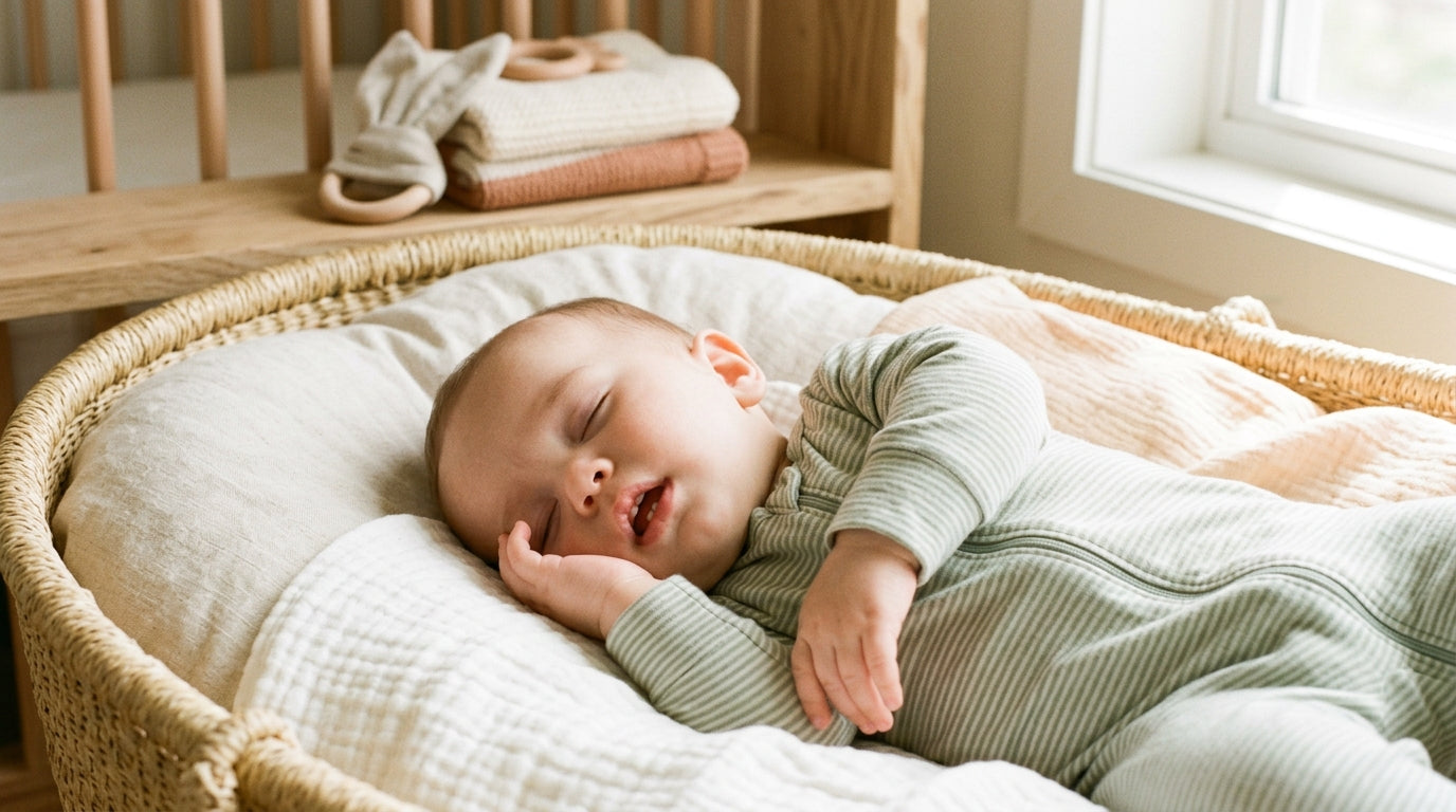 Exhausted mom holding a coffee while her baby chews on a silicone toy