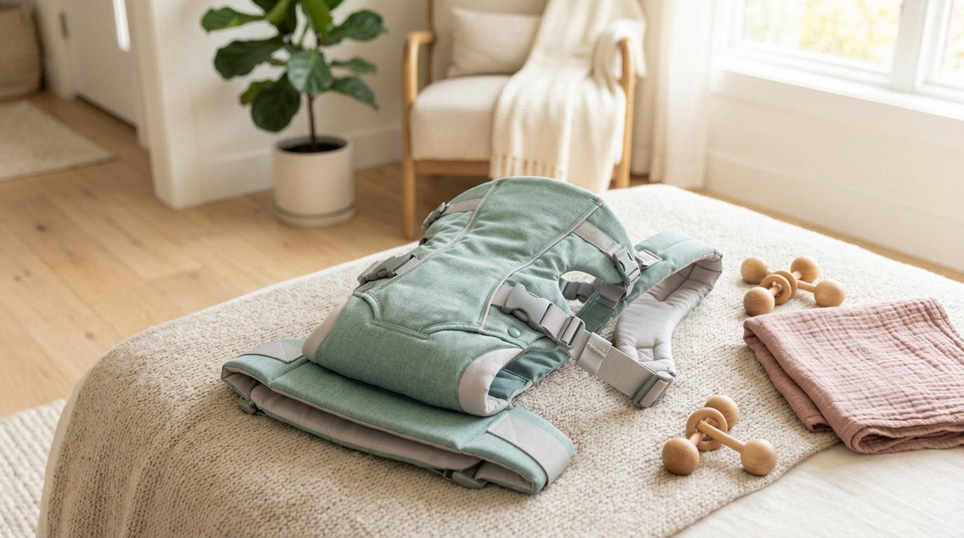 A tired mom wearing her baby in a budget-friendly baby carrier at the store