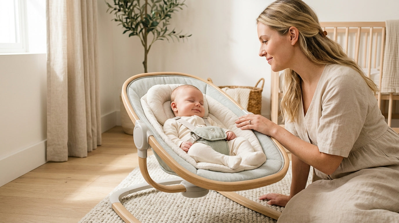 Tired mom drinking coffee next to a large baby swing in a messy living room