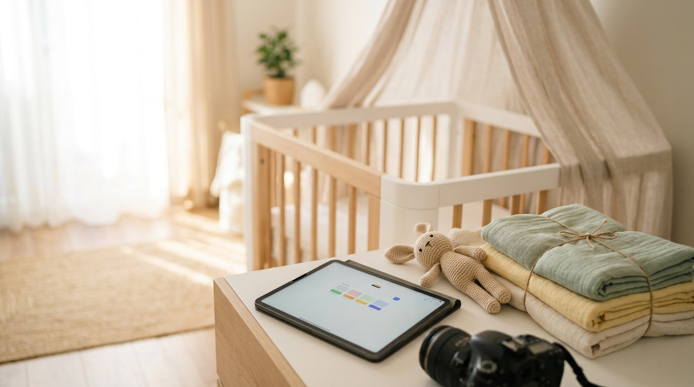 A frustrated mom looking at a tablet while her toddler plays on the floor