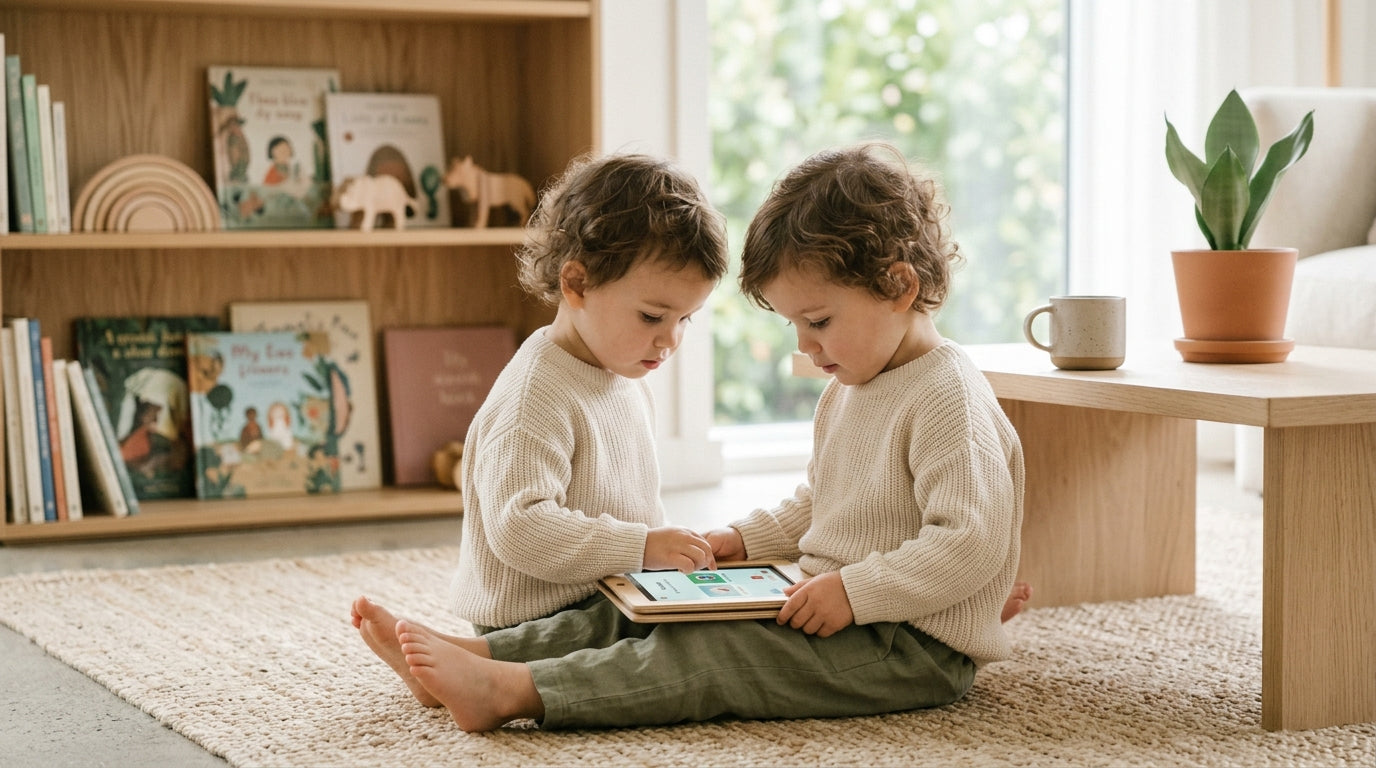 A wooden play gym sitting on a living room floor next to a discarded smartphone