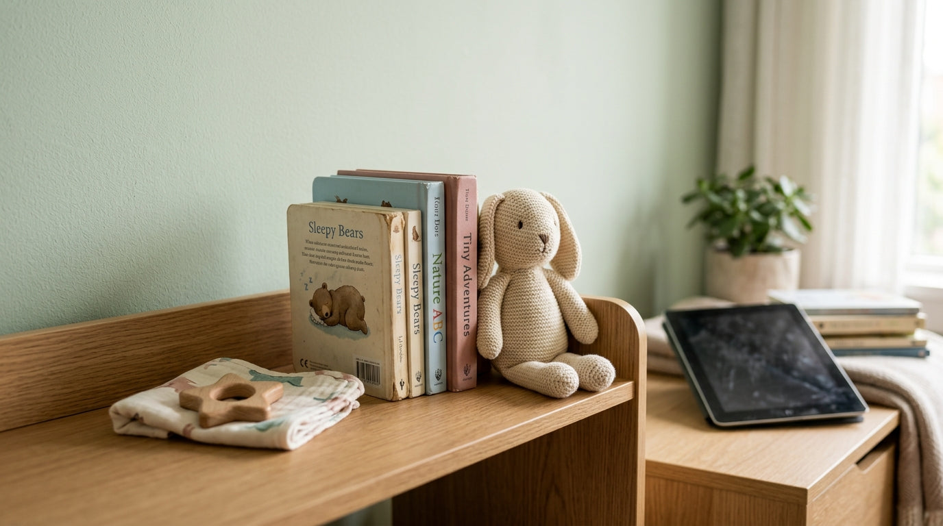 Wooden baby toys scattered on an organic cotton playmat