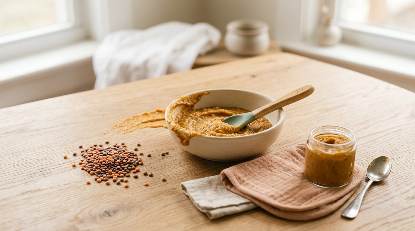 Dad wiping lentil puree off twin babies faces in highchairs