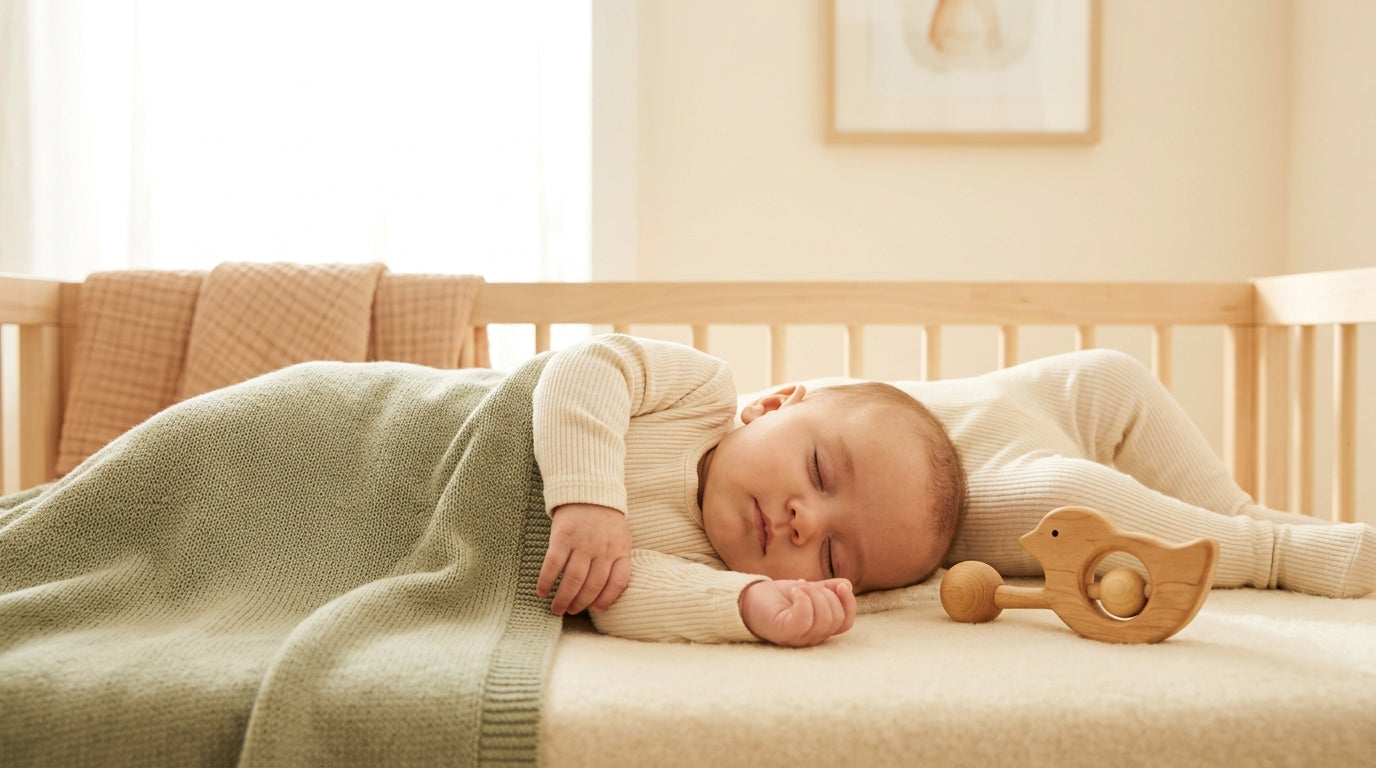 Twin girls playing on a rug surrounded by organic cotton baby clothing and wooden toys.