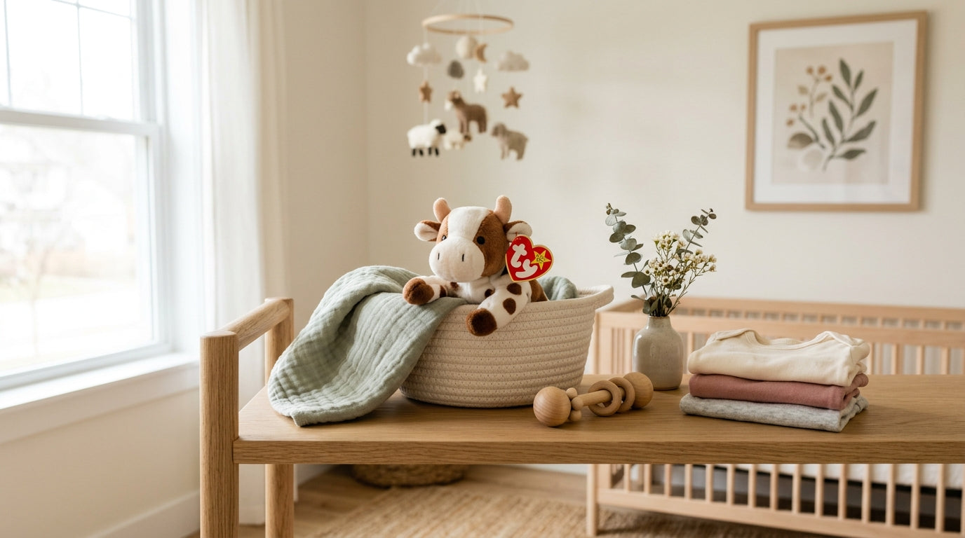 Vintage hippo plush toy sitting on a high wooden nursery shelf out of reach