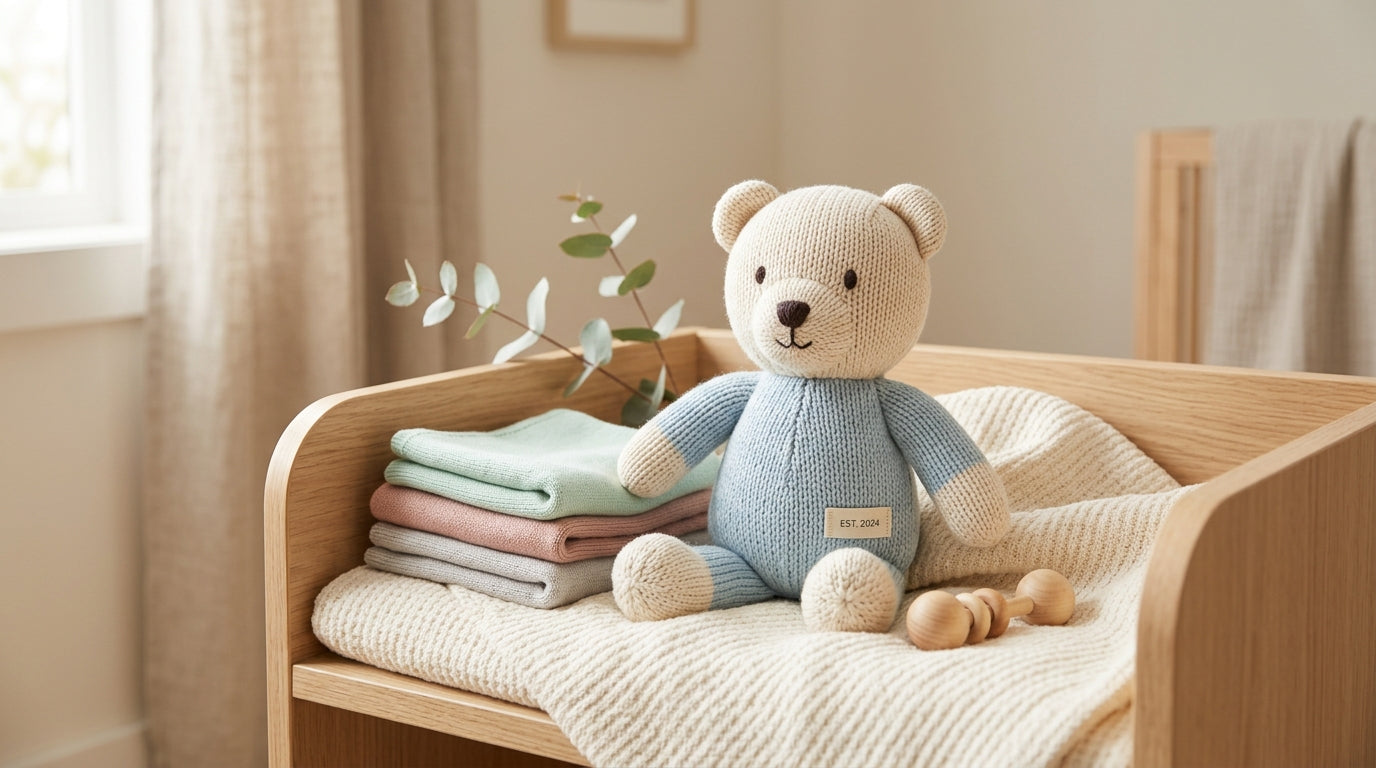 Vintage plush lion sitting next to a modern wooden baby gym in a nursery.