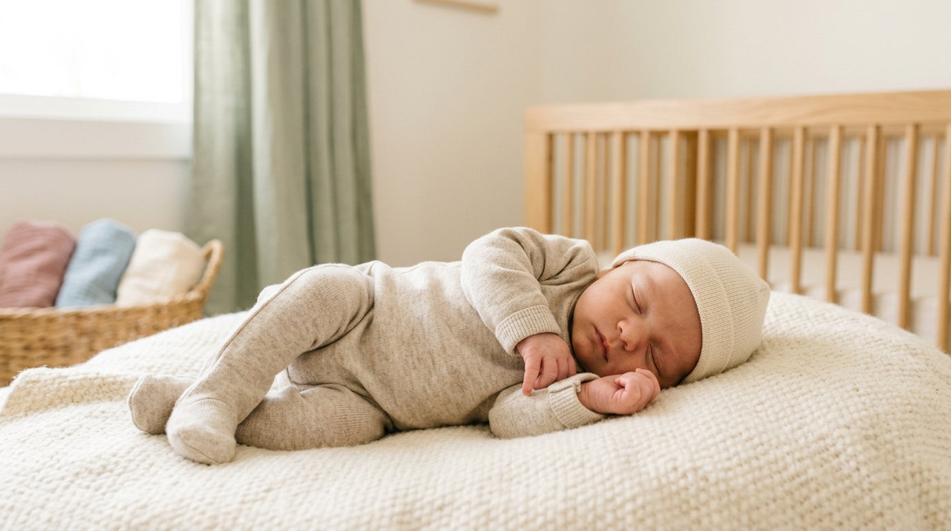 Tired mother holding her January newborn in a dark nursery