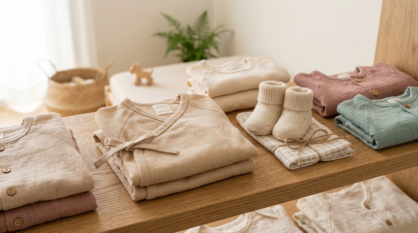 Mother folding organic cotton kimono style infant bodysuits on a nursery table