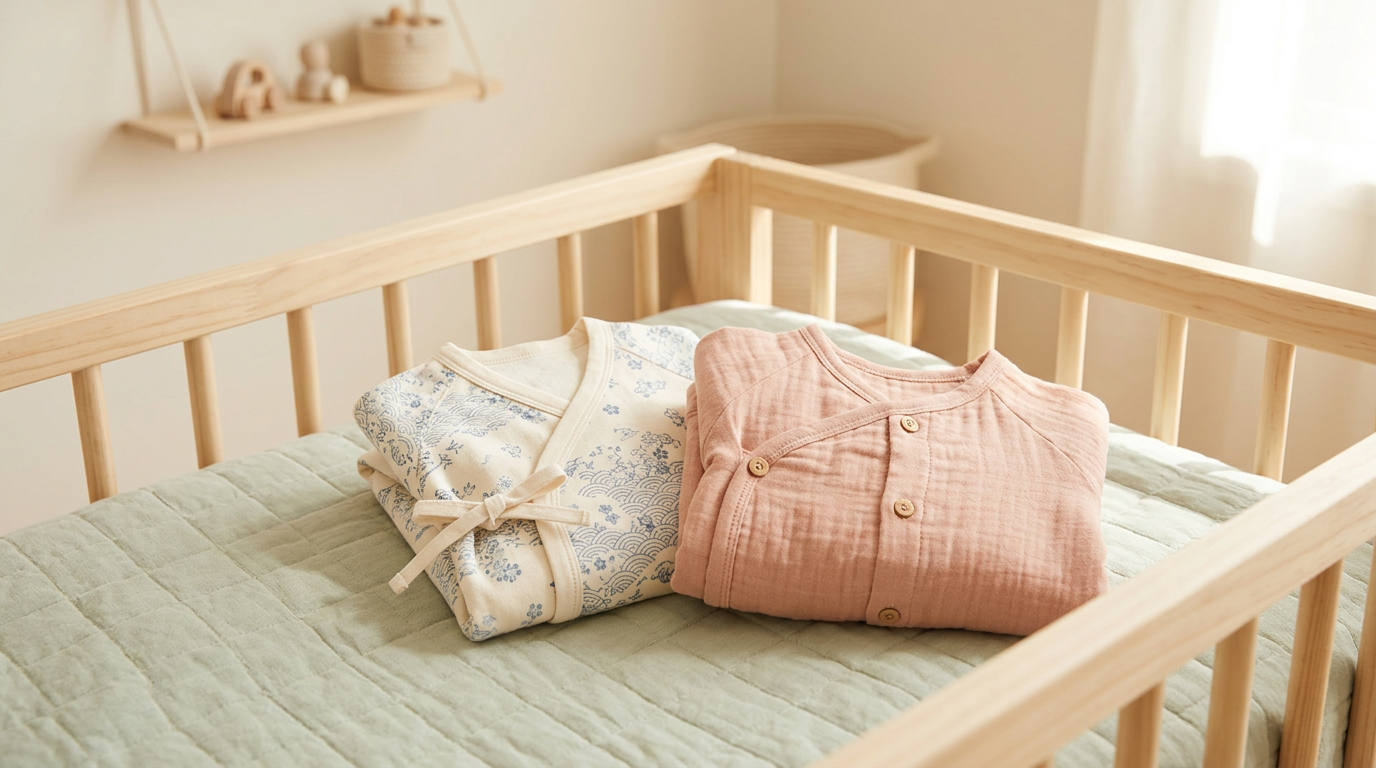 A calm baby sleeping in a muted earth-tone organic wrap bodysuit