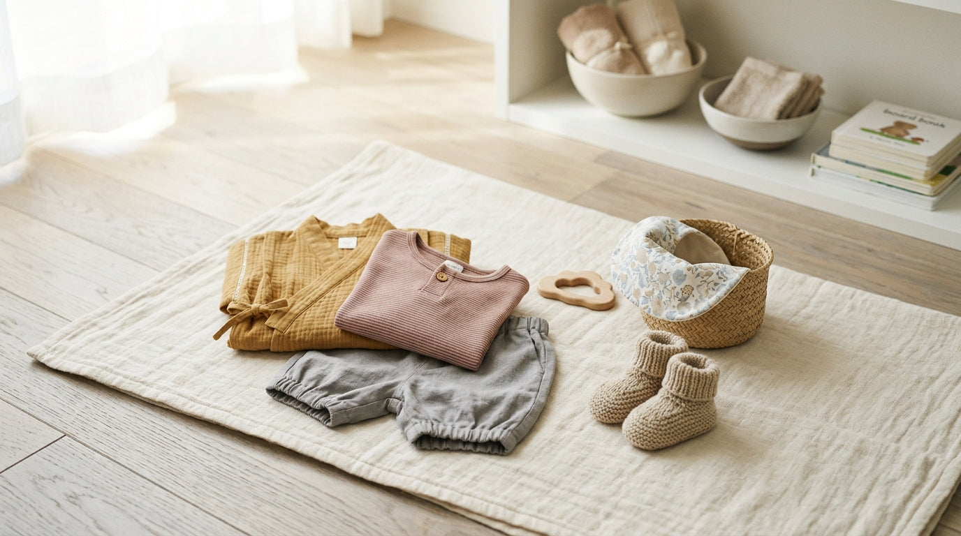 A messy nursery chair with folded baby clothes and a half drank cup of coffee