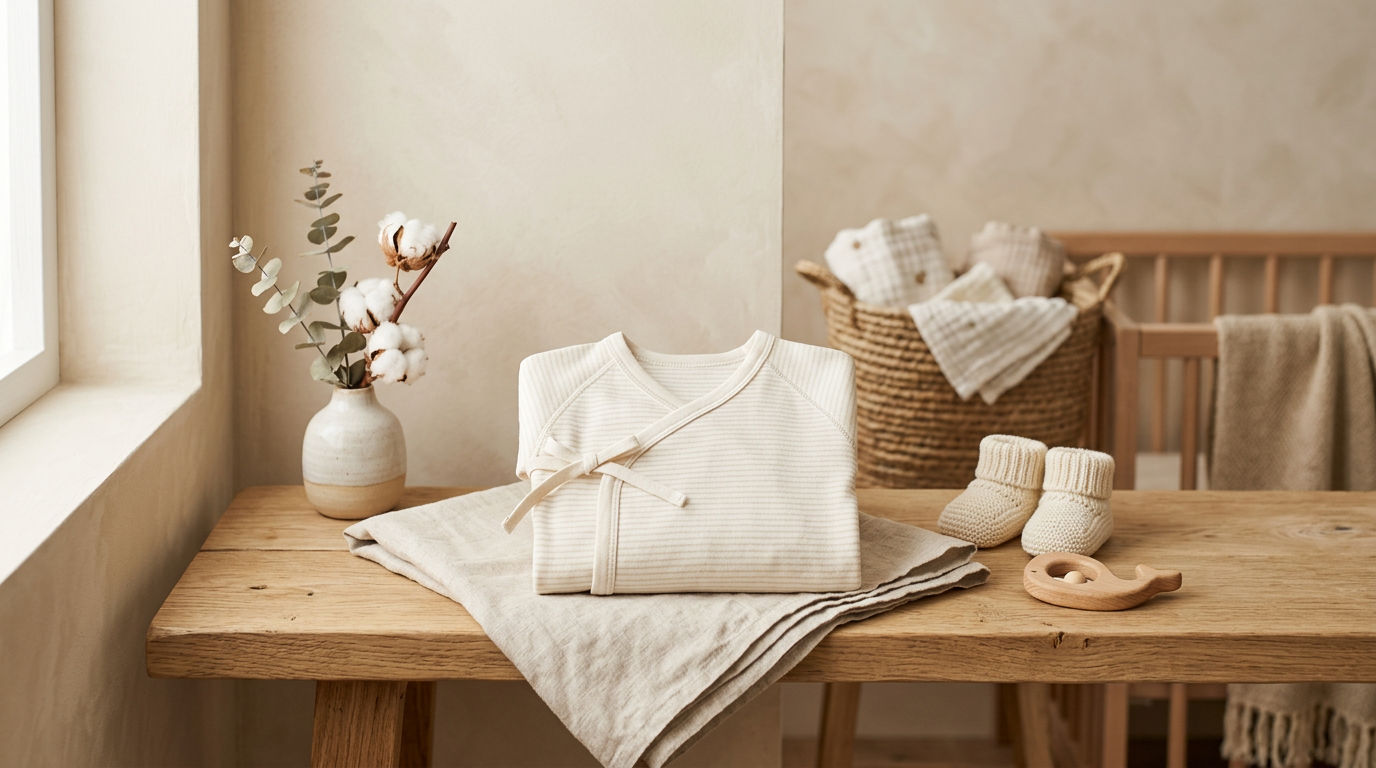 A stack of soft wrap-style newborn clothes on a wooden nursery dresser
