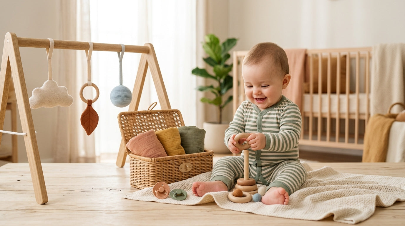 A safe nursery setup featuring a padded leather playmat on the floor