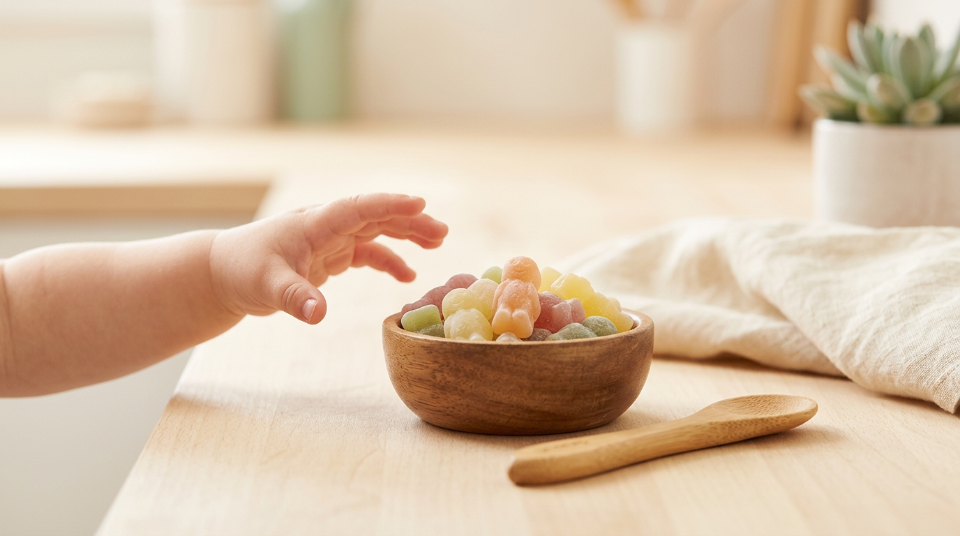 A mom holding a baby while looking confused at a jar of fruit spread and a bag of gummy candies