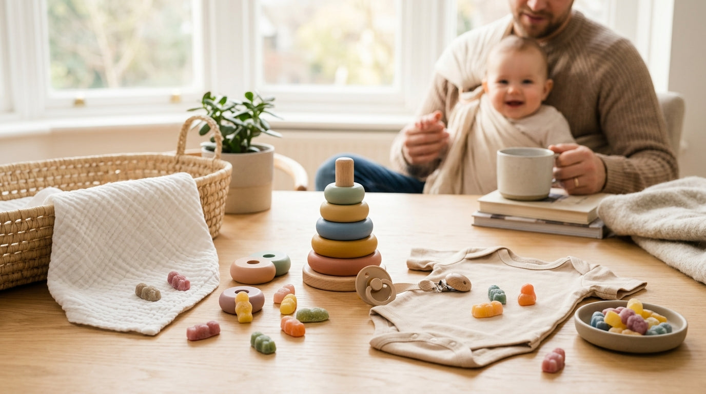 Tired dad researching jelly baby safety guidelines on his phone while holding jars