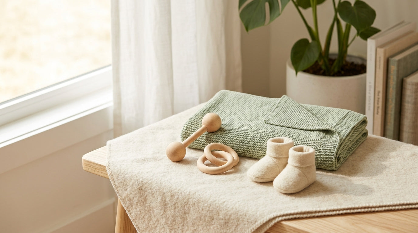 Wooden baby gym and organic cotton bodysuit in a nursery
