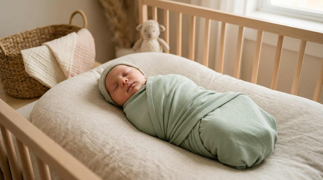 A tired mom holding a baby wrapped snugly in a stretchy jersey swaddle