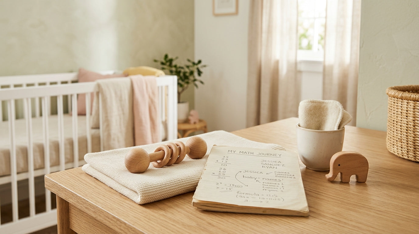 Confused dad looking at a spreadsheet of baby names while holding a teething infant in Portland.