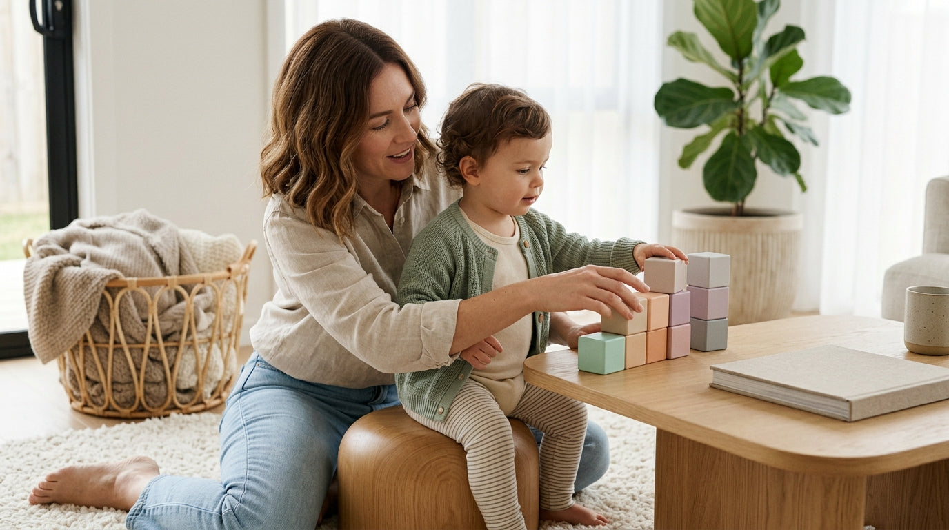 Exhausted mom holding a coffee mug while toddlers play with toys on the floor