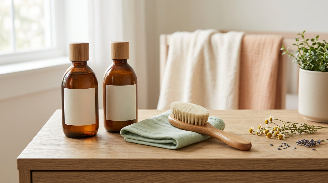 Sarah holding a yellow bottle of baby shampoo while her toddler splashes water everywhere in a messy bathtub.