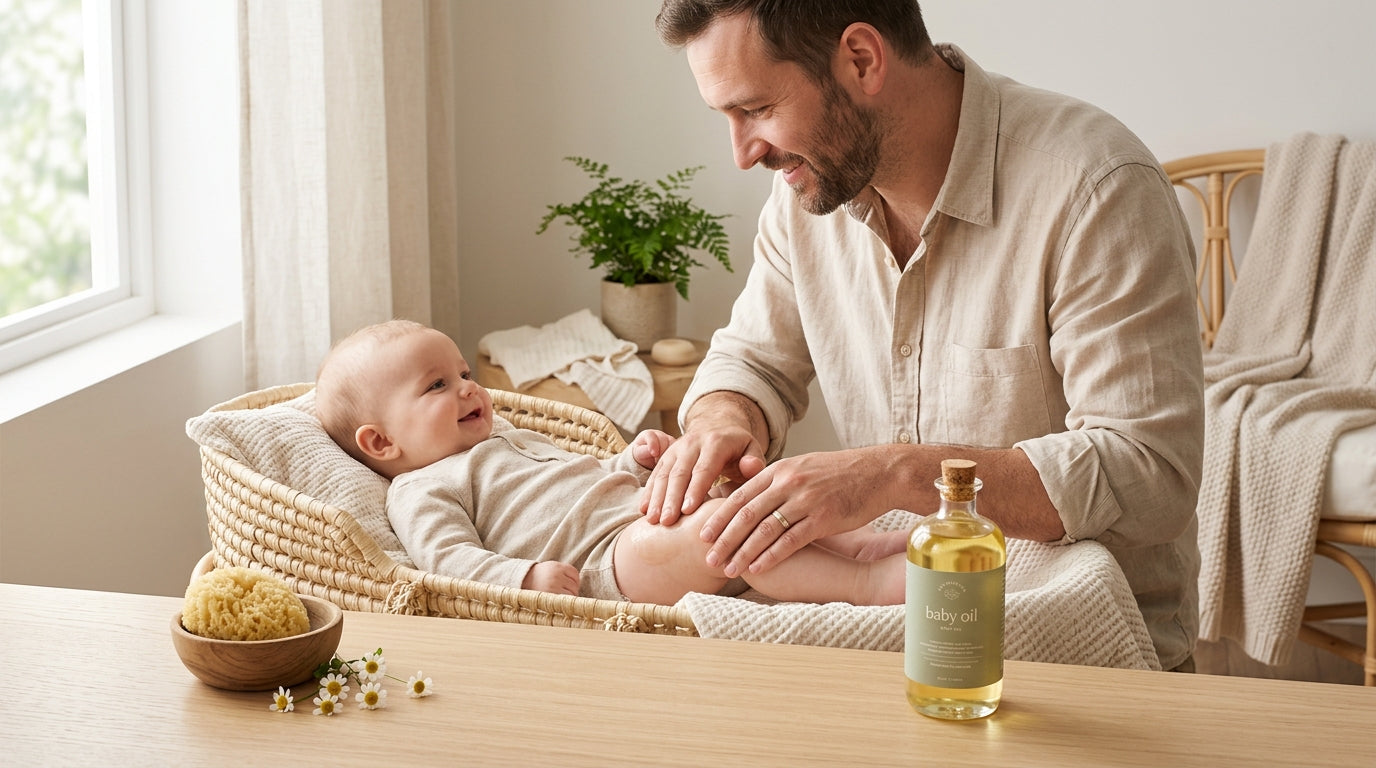 Confused dad looking at a pink bottle of baby oil next to a squirming infant