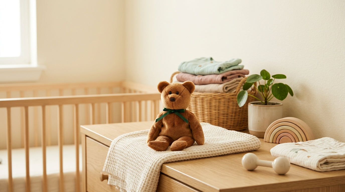 Vintage plush toys sitting on a high nursery shelf out of reach